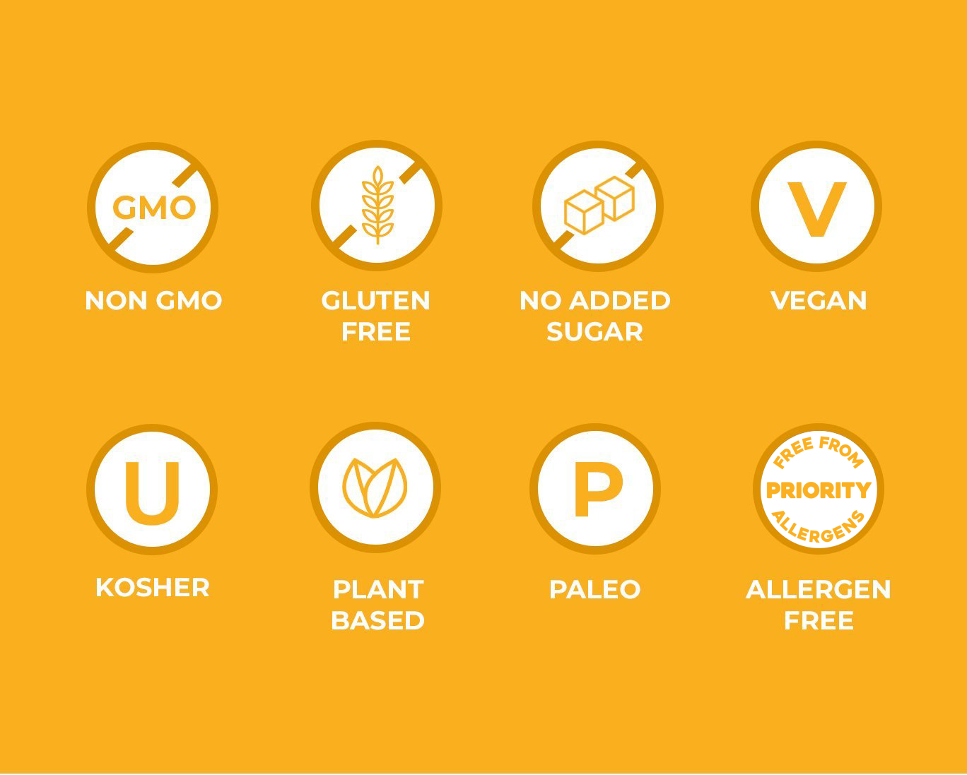 Non GMO, Gluten Free, No Added Sugar, Vegan, Kosher, Plant-Based, Paleo, Allergen Free